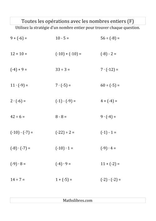 Toutes les Opérations avec des Nombres Entiers de -12 à 12 (Parenthèses sur les Nombres Négatifs) (F)