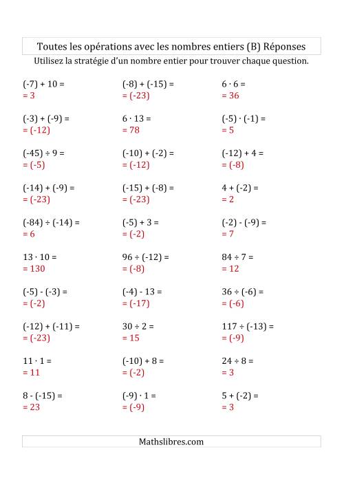 Toutes les Opérations avec des Nombres Entiers de -15 à 15 (Parenthèses sur les Nombres Négatifs) (B) page 2