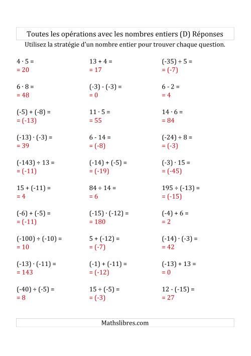 Toutes les Opérations avec des Nombres Entiers de -15 à 15 (Parenthèses sur les Nombres Négatifs) (D) page 2