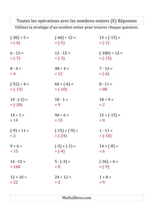 Toutes les Opérations avec des Nombres Entiers de -15 à 15 (Parenthèses sur les Nombres Négatifs) (E) page 2