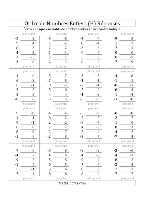 Placer en Ordre des Nombres Entiers de -9 à 9 (H) page 2