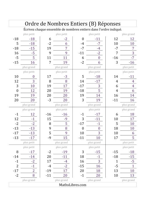 Placer en Ordre des Nombres Entiers de -20 à 20 (B) page 2