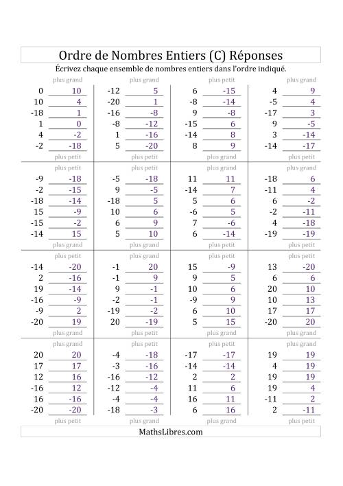Placer en Ordre des Nombres Entiers de -20 à 20 (C) page 2