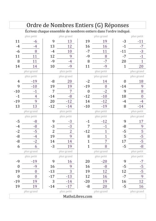 Placer en Ordre des Nombres Entiers de -20 à 20 (G) page 2