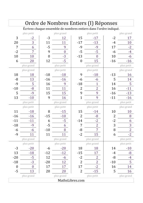 Placer en Ordre des Nombres Entiers de -20 à 20 (I) page 2