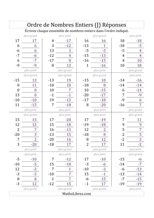 Placer en Ordre des Nombres Entiers de -20 à 20 (J) page 2