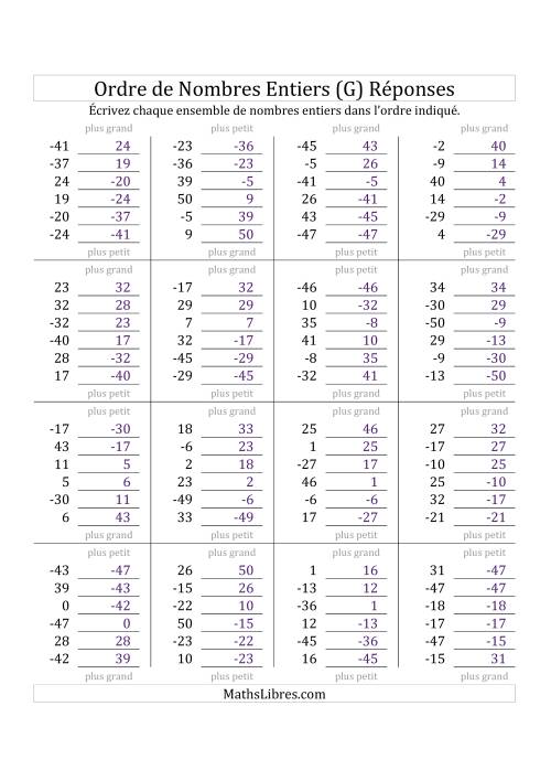 Placer en Ordre des Nombres Entiers de -50 à 50 (G) page 2