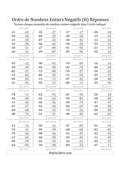 Placer en Ordre des Nombres Entiers Négatifs de -99 à -10 (H) page 2