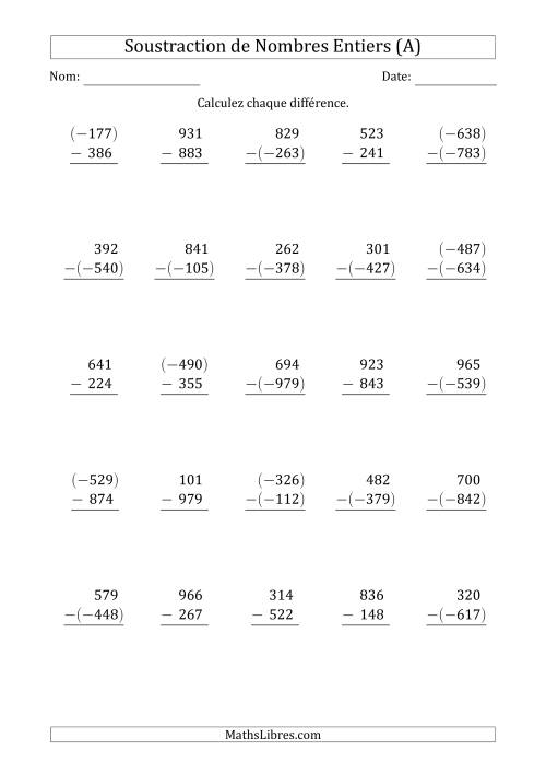 Soustraction de Nombres Entiers à 3 Chiffres (Arrangés Verticalement) (A)