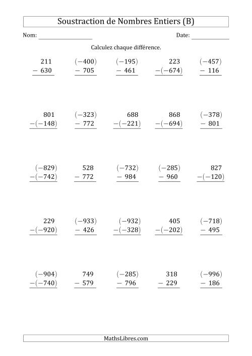 Soustraction de Nombres Entiers à 3 Chiffres (Arrangés Verticalement) (B)