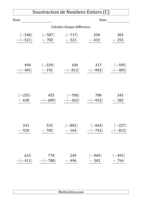 Soustraction de Nombres Entiers à 3 Chiffres (Arrangés Verticalement) (C)