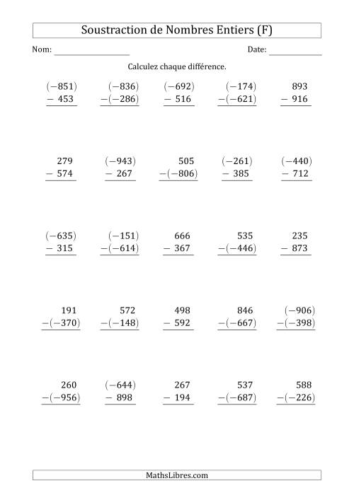 Soustraction de Nombres Entiers à 3 Chiffres (Arrangés Verticalement) (F)