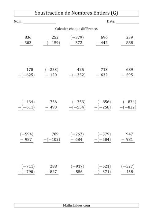 Soustraction de Nombres Entiers à 3 Chiffres (Arrangés Verticalement) (G)