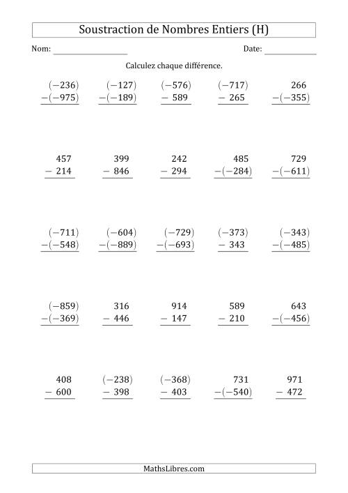 Soustraction de Nombres Entiers à 3 Chiffres (Arrangés Verticalement) (H)