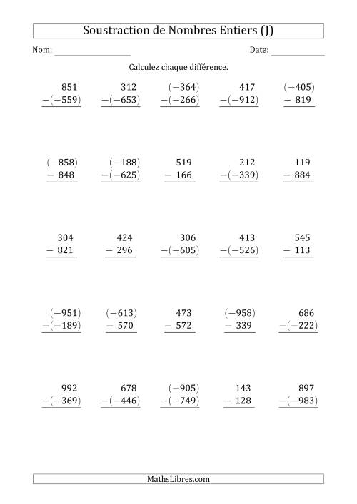 Soustraction de Nombres Entiers à 3 Chiffres (Arrangés Verticalement) (J)