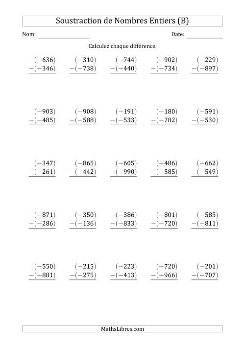 Soustraction d'un Entier Négatif à 3 Chiffres par un Entier Négatif (Arrangés Verticalement) (B)