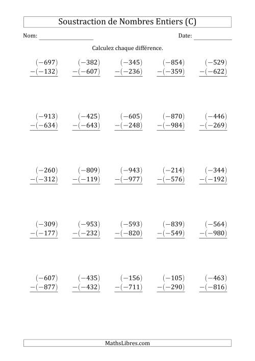 Soustraction d'un Entier Négatif à 3 Chiffres par un Entier Négatif (Arrangés Verticalement) (C)