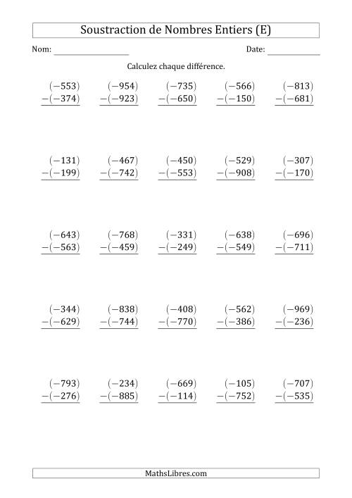 Soustraction d'un Entier Négatif à 3 Chiffres par un Entier Négatif (Arrangés Verticalement) (E)