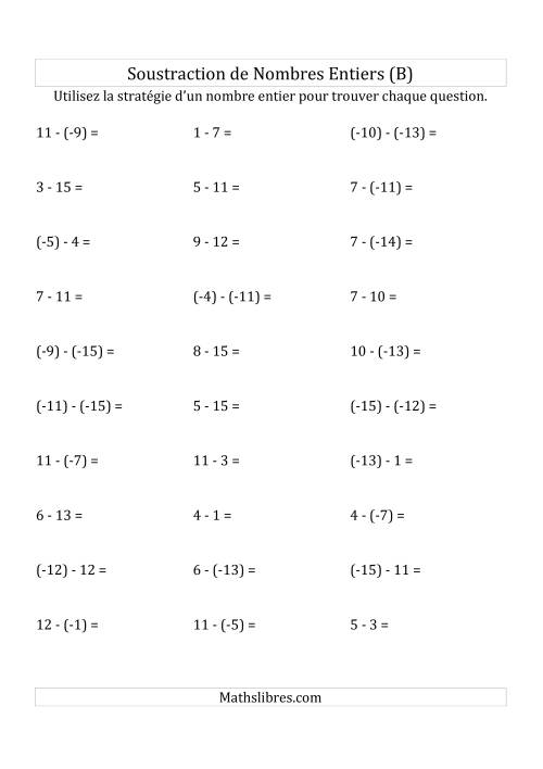 Soustraction de Nombres Entiers de (-15) à 15 (Parenthèses sur les Nombres Négatifs) (B)
