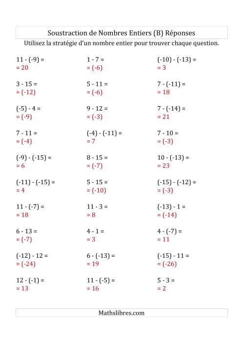 Soustraction de Nombres Entiers de (-15) à 15 (Parenthèses sur les Nombres Négatifs) (B) page 2