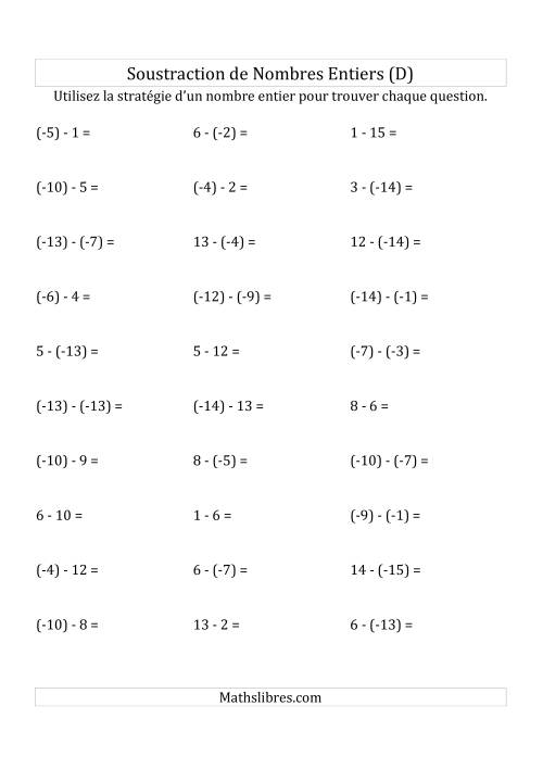 Soustraction de Nombres Entiers de (-15) à 15 (Parenthèses sur les Nombres Négatifs) (D)