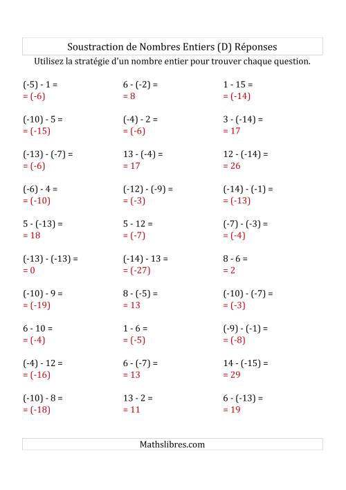 Soustraction de Nombres Entiers de (-15) à 15 (Parenthèses sur les Nombres Négatifs) (D) page 2