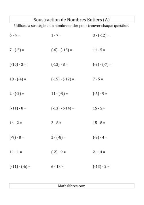 Soustraction de Nombres Entiers de (-15) à 15 (Parenthèses sur les Nombres Négatifs) (Tout)