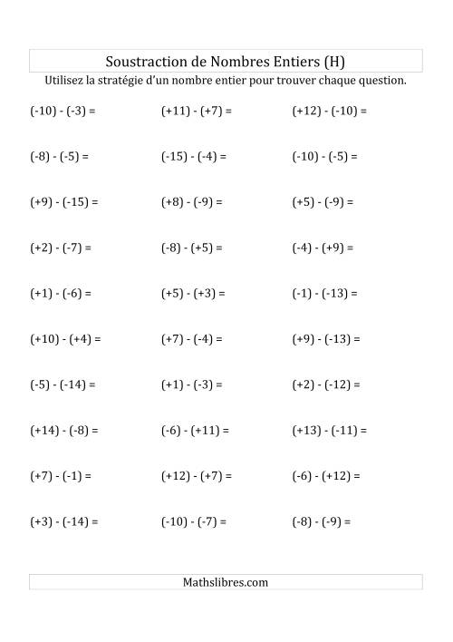 Soustraction de Nombres Entiers de (-15) à (+15) (Avec des Parenthèses) (H)