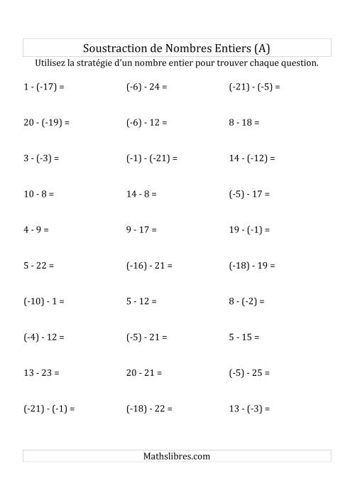 Soustraction de Nombres Entiers de (-25) à 25 (Parenthèses sur les Nombres Négatifs) (A)