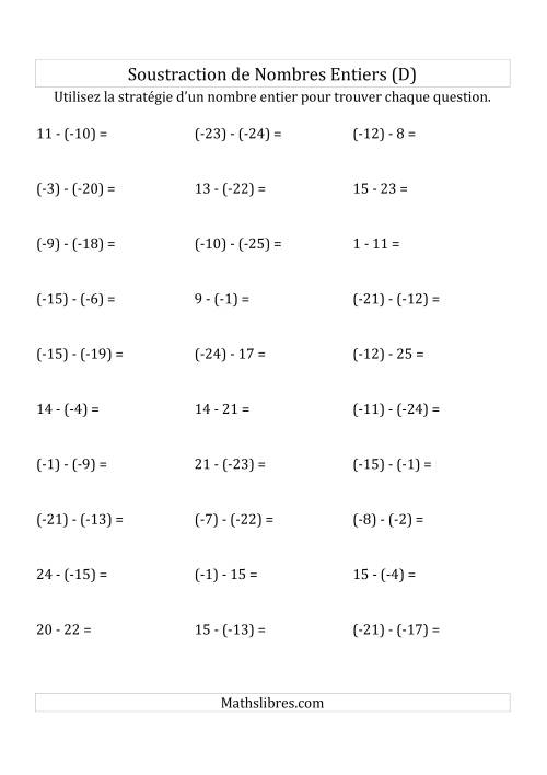 Soustraction de Nombres Entiers de (-25) à 25 (Parenthèses sur les Nombres Négatifs) (D)
