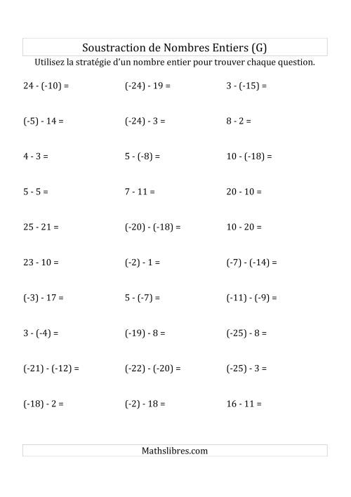Soustraction de Nombres Entiers de (-25) à 25 (Parenthèses sur les Nombres Négatifs) (G)