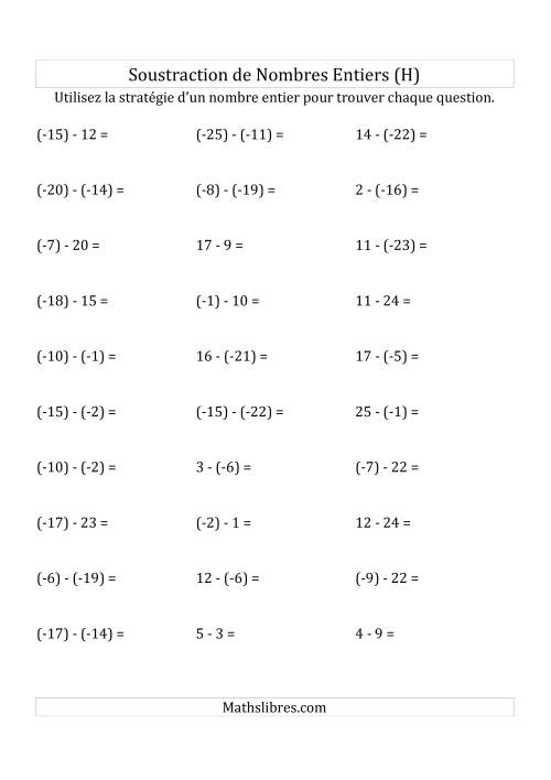 Soustraction de Nombres Entiers de (-25) à 25 (Parenthèses sur les Nombres Négatifs) (H)