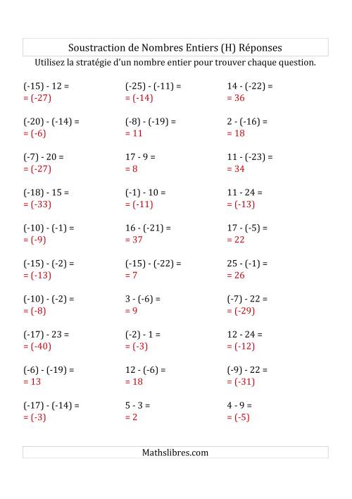 Soustraction de Nombres Entiers de (-25) à 25 (Parenthèses sur les Nombres Négatifs) (H) page 2