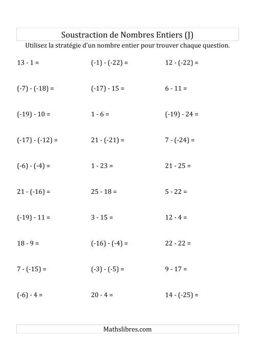 Soustraction de Nombres Entiers de (-25) à 25 (Parenthèses sur les Nombres Négatifs) (J)