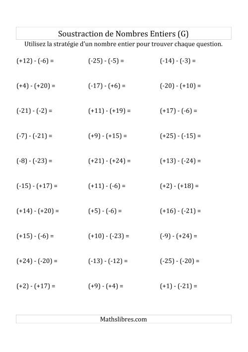 Soustraction de Nombres Entiers de (-25) à (+25) (Avec des Parenthèses) (G)