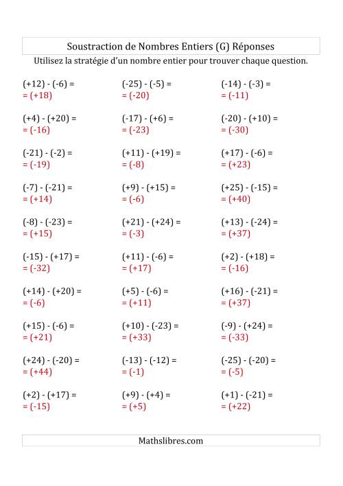 Soustraction de Nombres Entiers de (-25) à (+25) (Avec des Parenthèses) (G) page 2