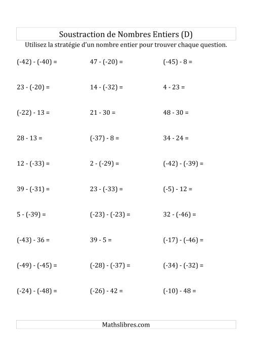Soustraction de Nombres Entiers de (-50) à 50 (Parenthèses sur les Nombres Négatifs) (D)
