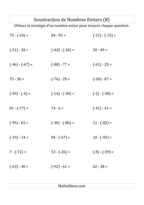 Soustraction de Nombres Entiers de (-99) à 99 (Parenthèses sur les Nombres Négatifs) (B)