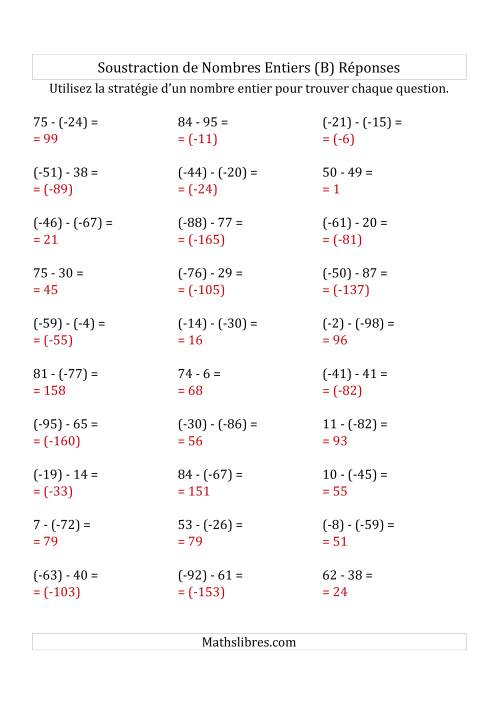 Soustraction de Nombres Entiers de (-99) à 99 (Parenthèses sur les Nombres Négatifs) (B) page 2