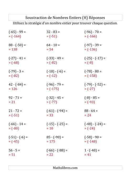 Soustraction de Nombres Entiers de (-99) à 99 (Parenthèses sur les Nombres Négatifs) (H) page 2
