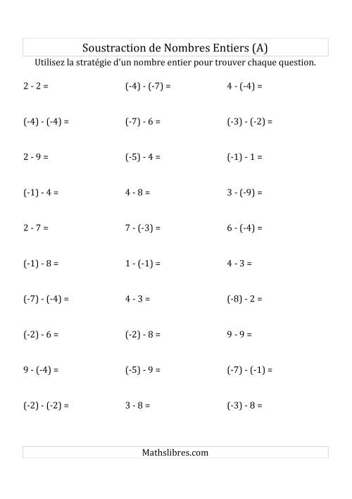 Soustraction de Nombres Entiers de (-9) à 9 (Parenthèses sur les Nombres Négatifs) (A)
