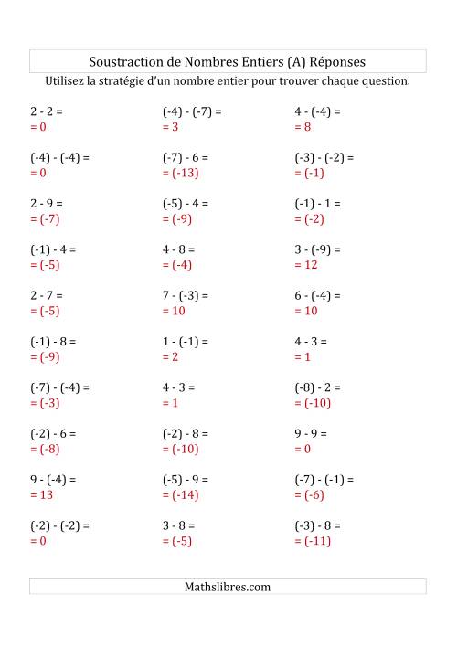 Soustraction de Nombres Entiers de (-9) à 9 (Parenthèses sur les Nombres Négatifs) (A) page 2
