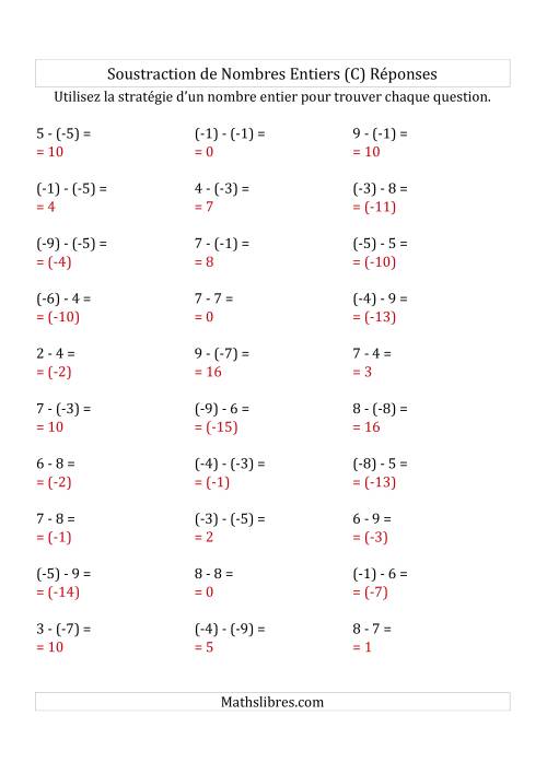 Soustraction de Nombres Entiers de (-9) à 9 (Parenthèses sur les Nombres Négatifs) (C) page 2