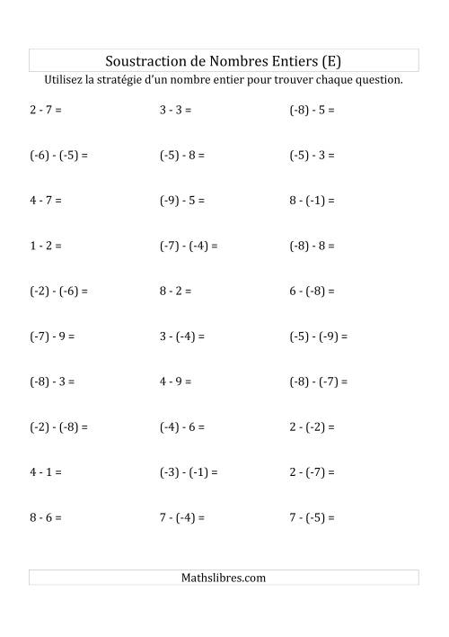 Soustraction de Nombres Entiers de (-9) à 9 (Parenthèses sur les Nombres Négatifs) (E)