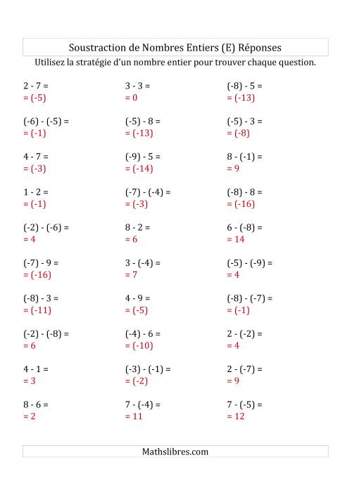 Soustraction de Nombres Entiers de (-9) à 9 (Parenthèses sur les Nombres Négatifs) (E) page 2