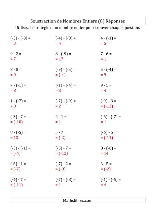 Soustraction de Nombres Entiers de (-9) à 9 (Parenthèses sur les Nombres Négatifs) (G) page 2