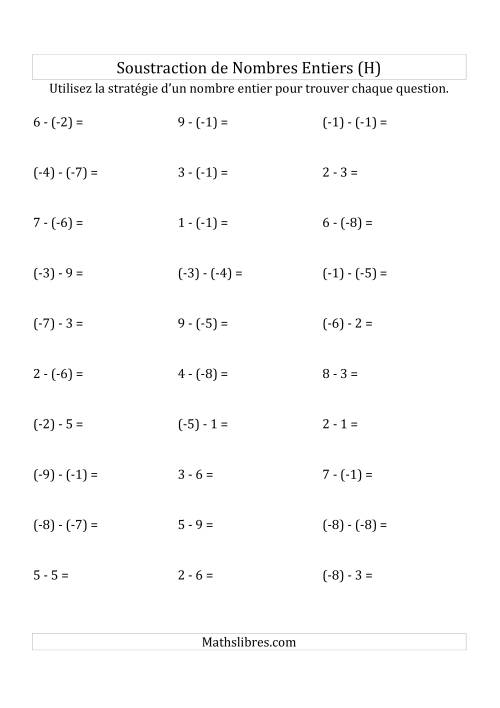 Soustraction de Nombres Entiers de (-9) à 9 (Parenthèses sur les Nombres Négatifs) (H)