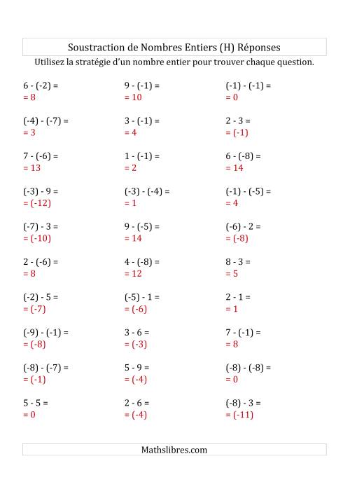 Soustraction de Nombres Entiers de (-9) à 9 (Parenthèses sur les Nombres Négatifs) (H) page 2
