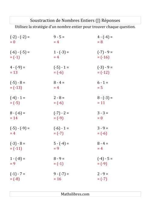 Soustraction de Nombres Entiers de (-9) à 9 (Parenthèses sur les Nombres Négatifs) (J) page 2