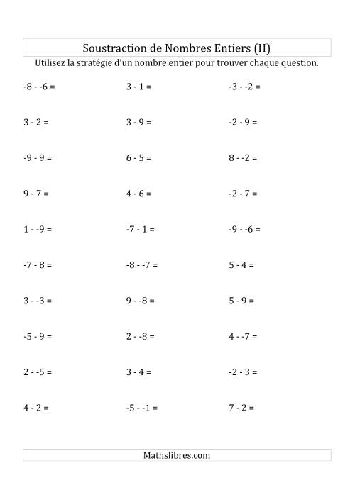 Soustraction de Nombres Entiers de -9 à 9 (Sans les Parenthèses) (H)